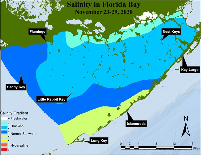 Map of Florida Bay with salinity levels shown in different colors. email nps_science_comm@nps.gov for more info.