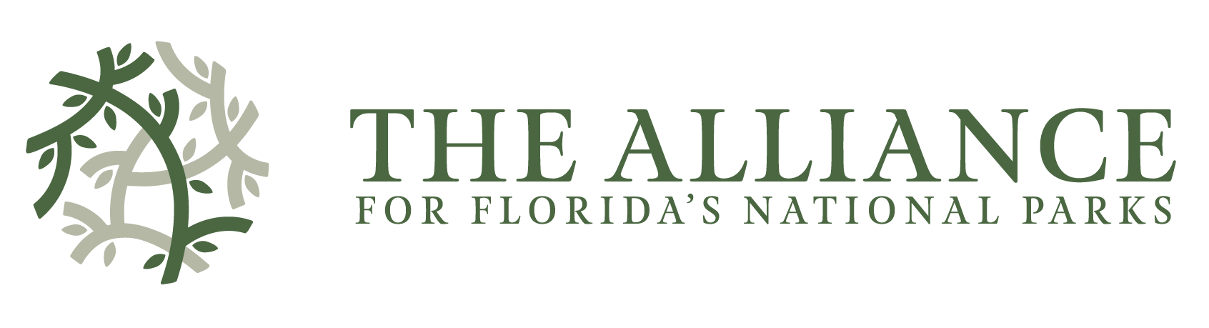 Logo with leaves and branches of two shades of green and words that read "The Alliance For Florida's National Parks"