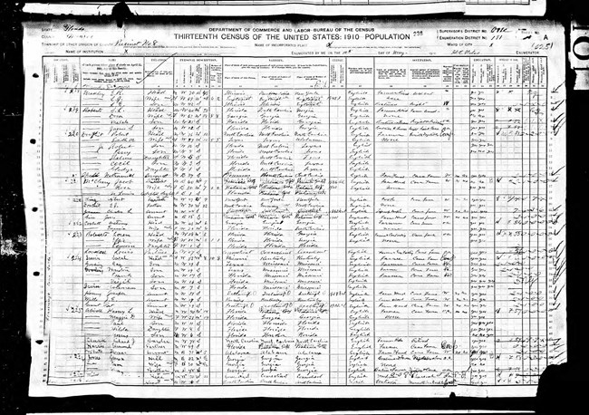 A black and white photo scan of a census document from 1910 that lists the residents of Flamingo in Everglades National Park. The records are written in cursive.