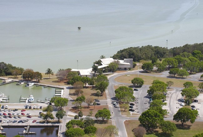 aerial view of Flamingo visitor center and marina