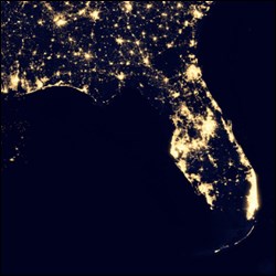 Satellite image of Florida and the southeastern United States at night