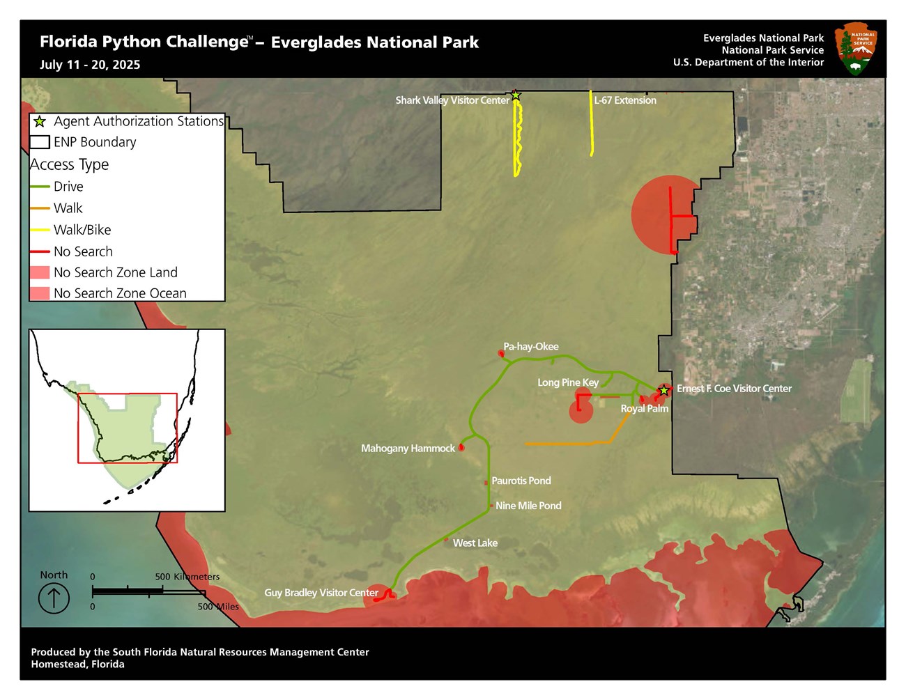Everglades map showing vehicle (green), walk (yellow), and bike (orange) routes. Red no-search zones cover areas like Nike Missile Site, Pine Island, and Flamingo. Agent stations marked by stars. Surrounding ocean and land no-search areas shown.