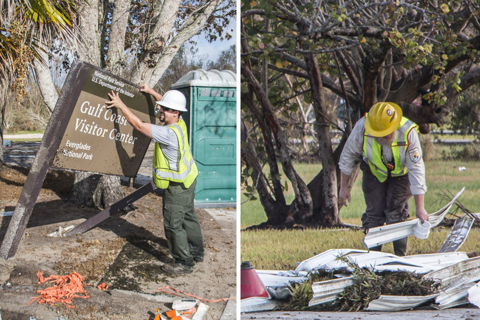 Two images show a National Park Service and Fish and Wildlife Service Employees cleaning up building debris.