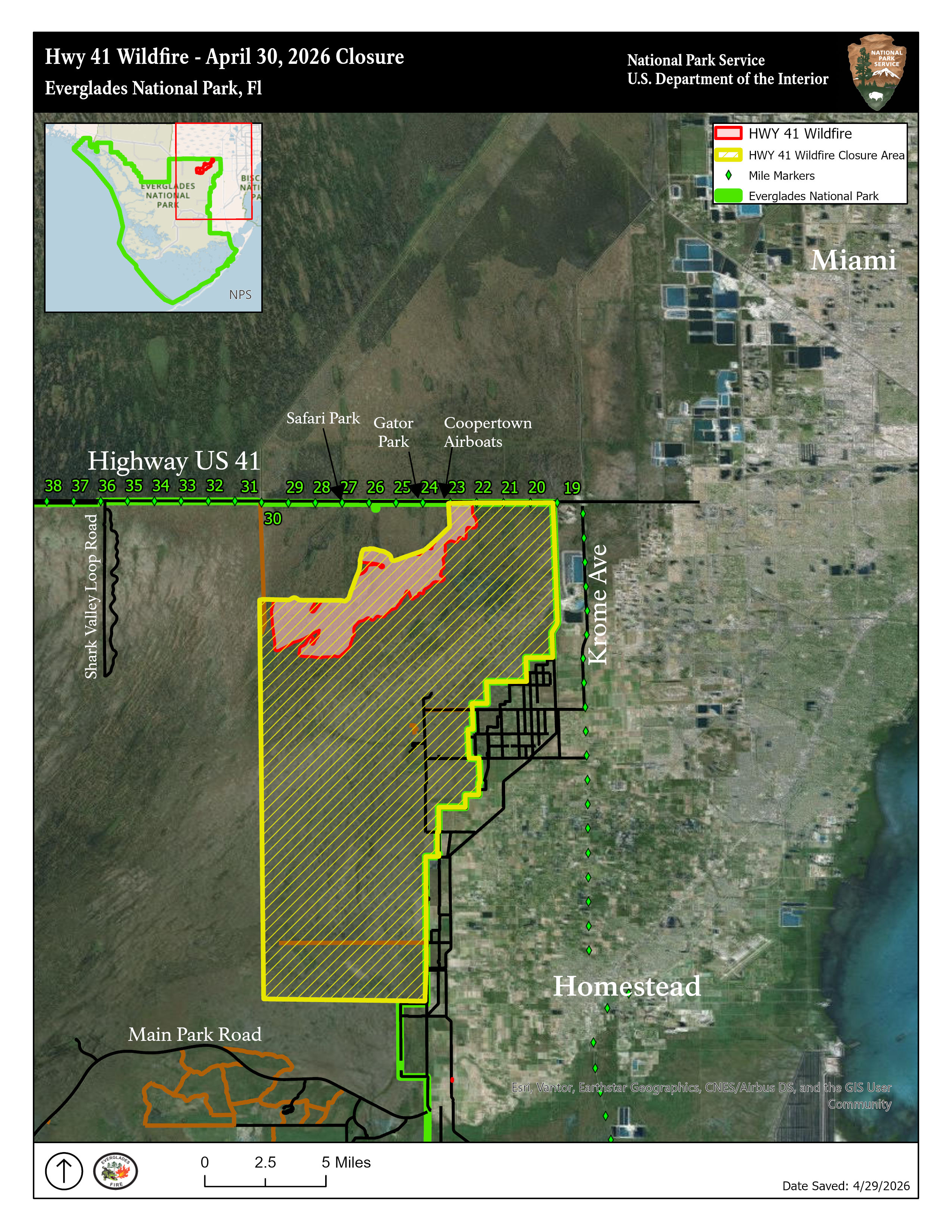 Map showing fire's location in Everglades National Park outlined by red and current closures outlined in yellow.