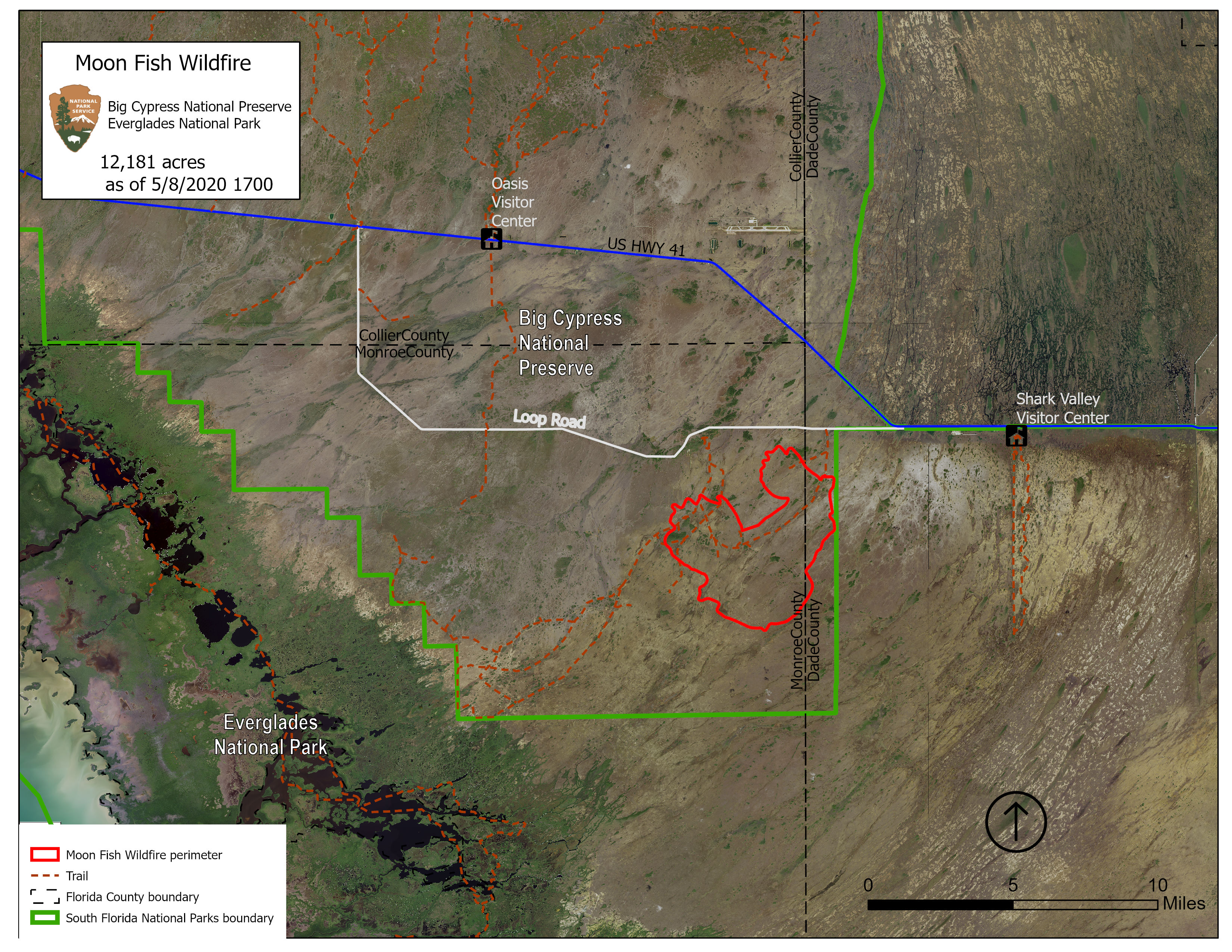 Map showing location of Moon Fish Wildfire in Big Cypress National Preserve Map shows the Moon Fish Wildifire, boundary marked in red, located in the southeastern corner of Big Cypress National Preserve, adjacent to Everglades National Park. The majority of the fire is in mainland Monroe County and a small part in Miami-Dade.