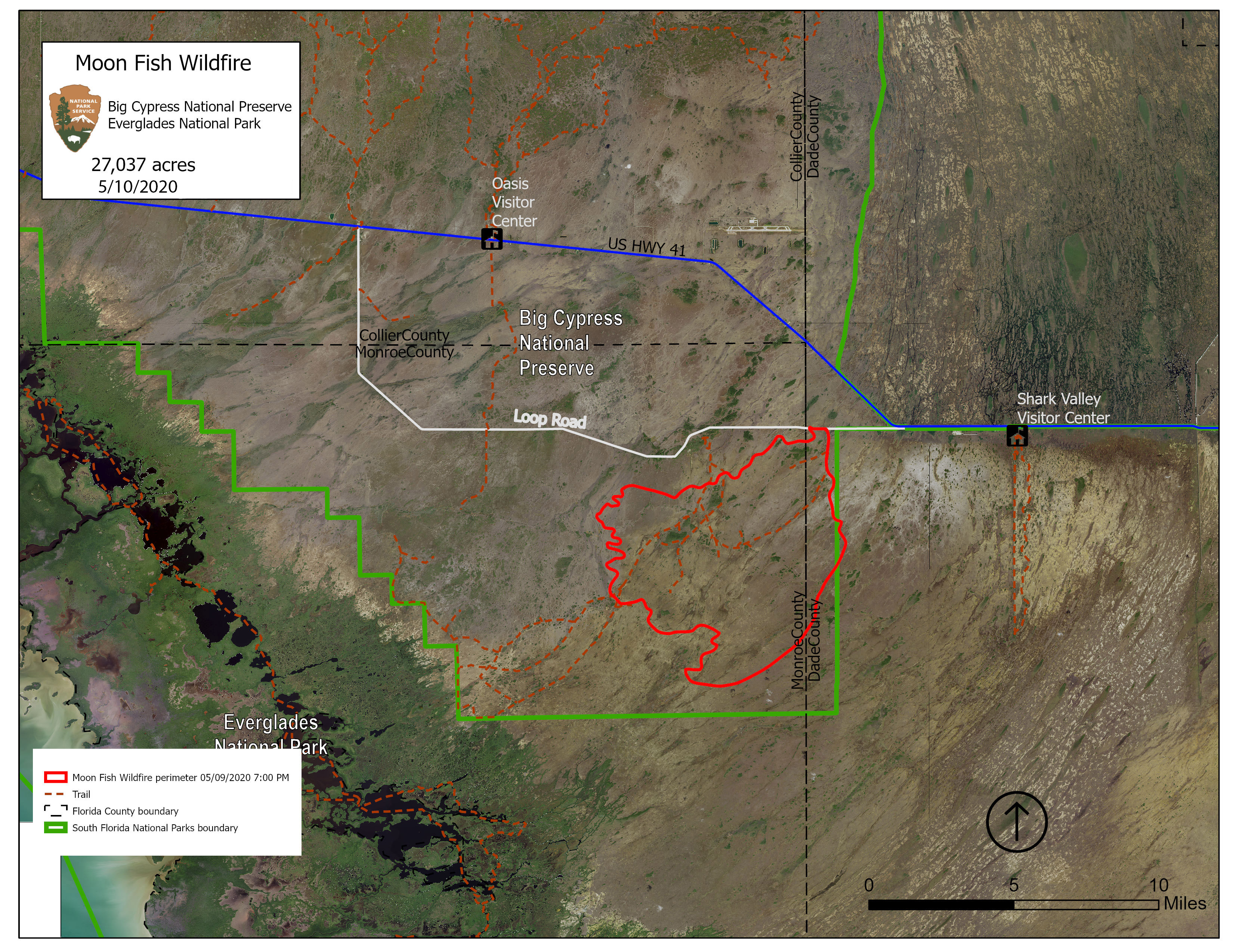 5-10-2020 Map of Moon Fish Wildfire Map shows the Moon Fish Wildifire perimeter, located in the southeastern corner of Big Cypress National Preserve and just across the Everglades National Park boundary.