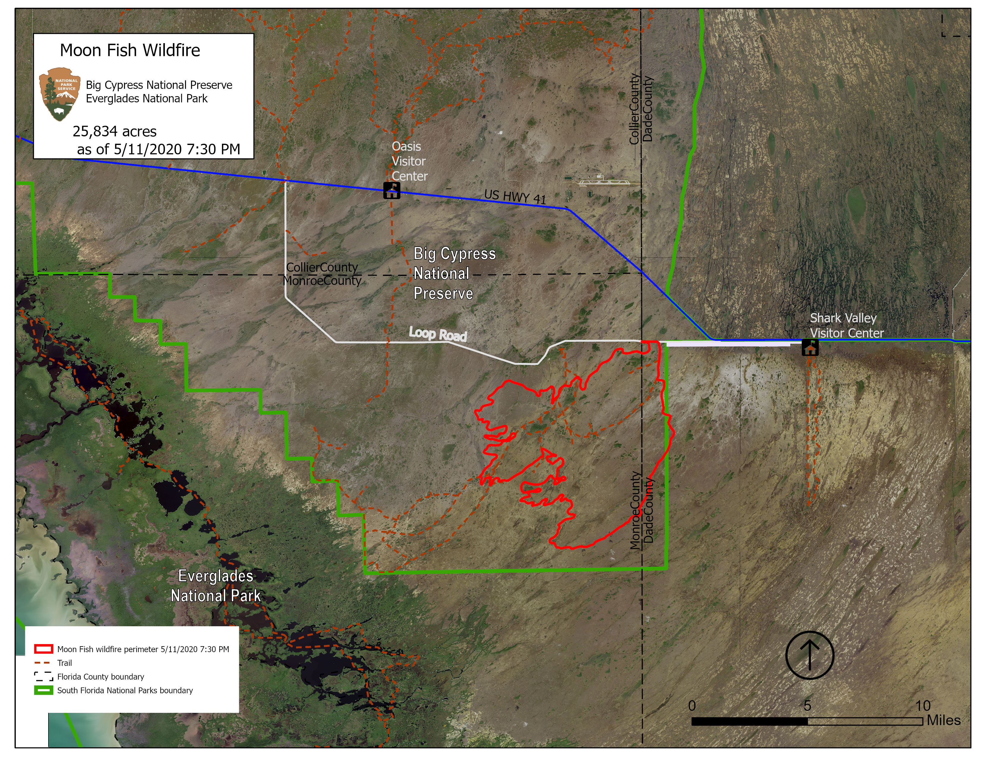 05-11-2020 map of Moon Fish Wildfire in Big Cypress National Preserve Map shows the Moon Fish Wildifire perimeter marked in red, located in the southeastern corner of Big Cypress National Preserve and just over the boundary into Everglades National Park.