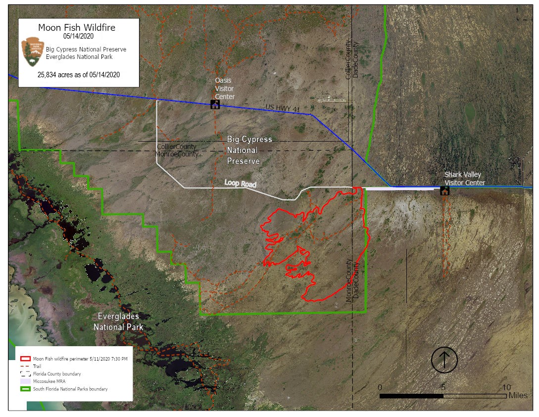 Map shows the Moon Fish Wildifire perimeter marked in red, located in the southeastern corner of Big Cypress National Preserve and just over the boundary into Everglades National Park.