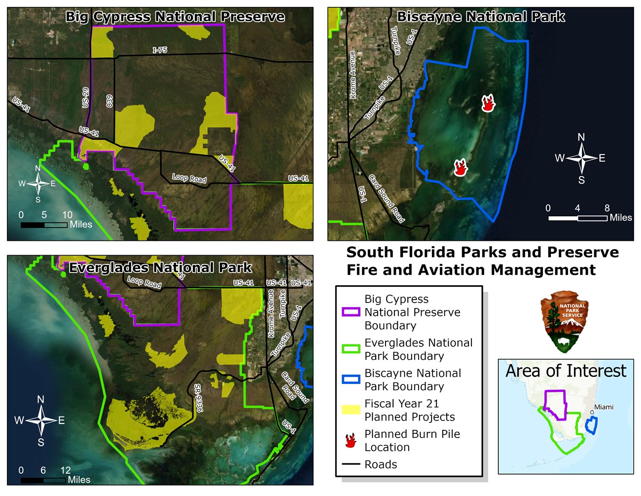 Maps of each NPS unit show planned areas for prescribed burn treatments. Email ever_information@nps.gov for more information about these maps.