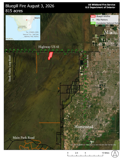 An aerial map of Everglades National Park with the location of the Bluegill Fire in red.