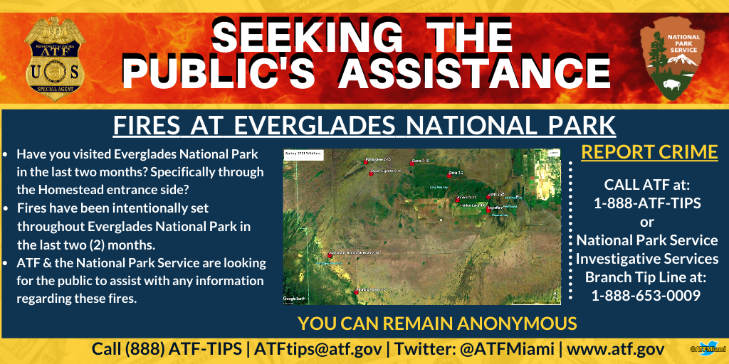 EvergladesNP Arsons_FINAL flyer explaining how to report or give information about fires in Everglades National Park