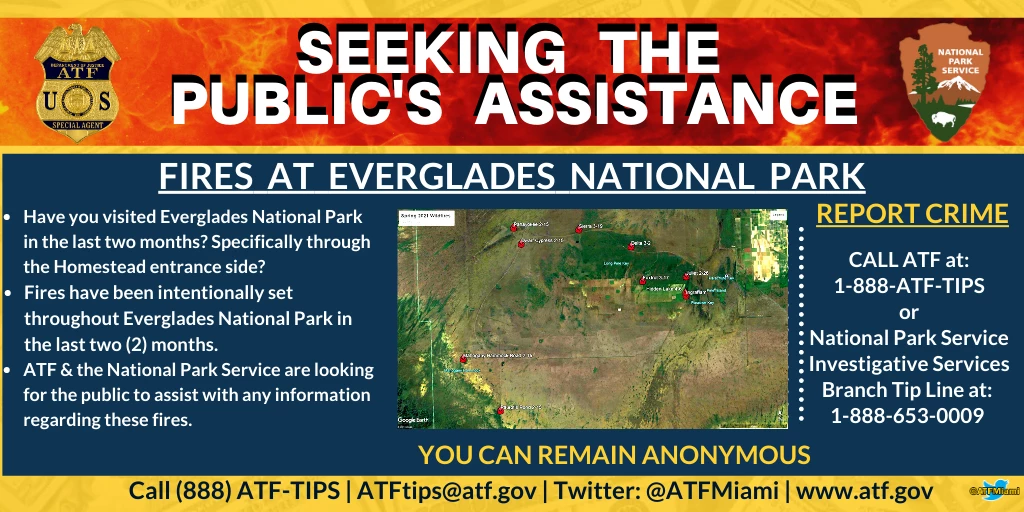 EvergladesNP Arsons_FINAL flyer explaining how to report or give information about fires in Everglades National Park