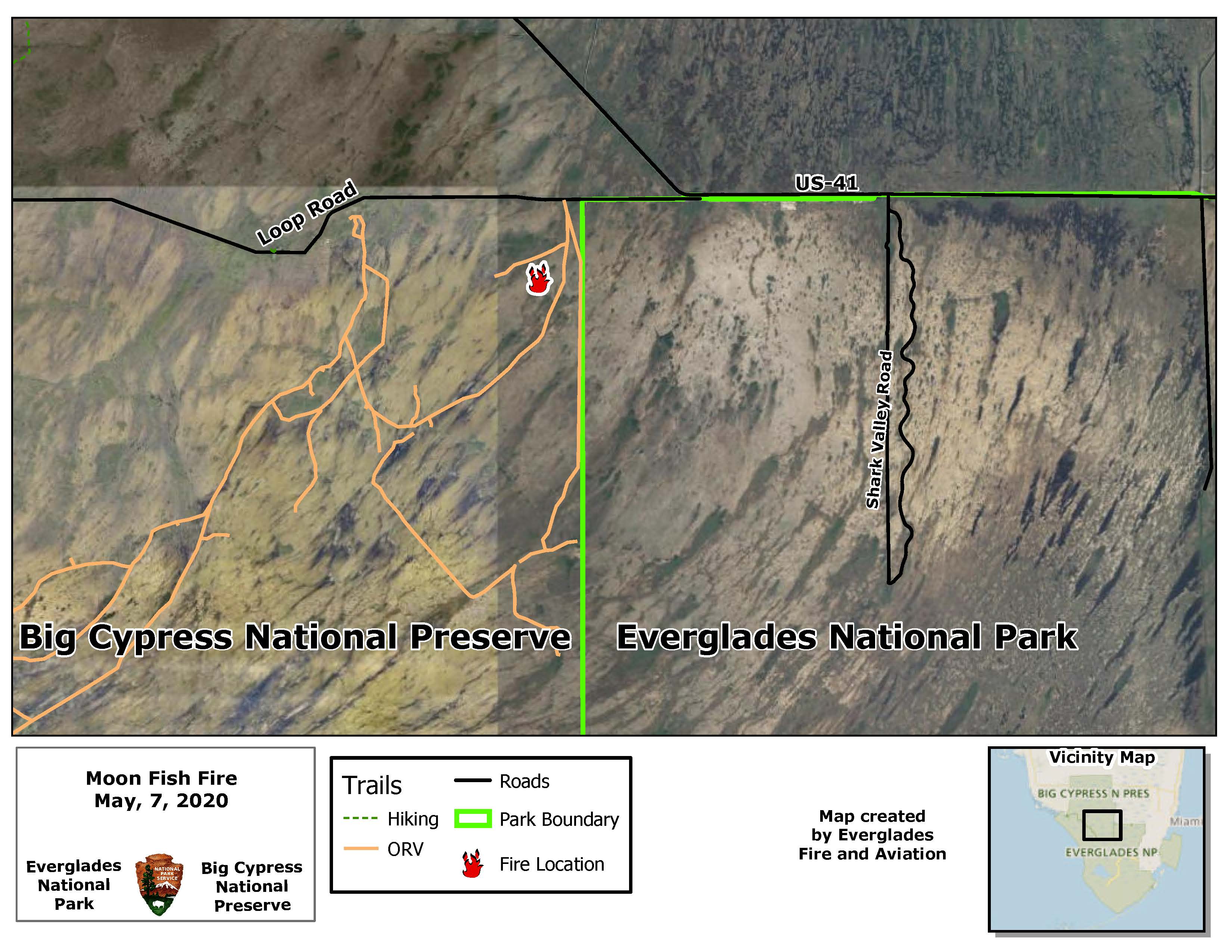 Topographic map showing location of Moon Fish Fire near eastern boundary of Big Cypress National Preserve, adjacent to Everglades National Park and south of Loop Road and west of Highway 41. Off Road Vehicle trails to the west are marked in orange.