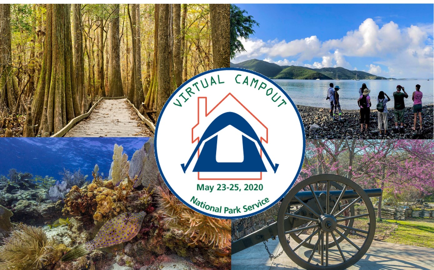 NPS Virtual Campout Logo Center graphic shows tent with words Virtual Campout. Four photos behind represent NPS resources of trails, vistas, underwater, and a cannon.