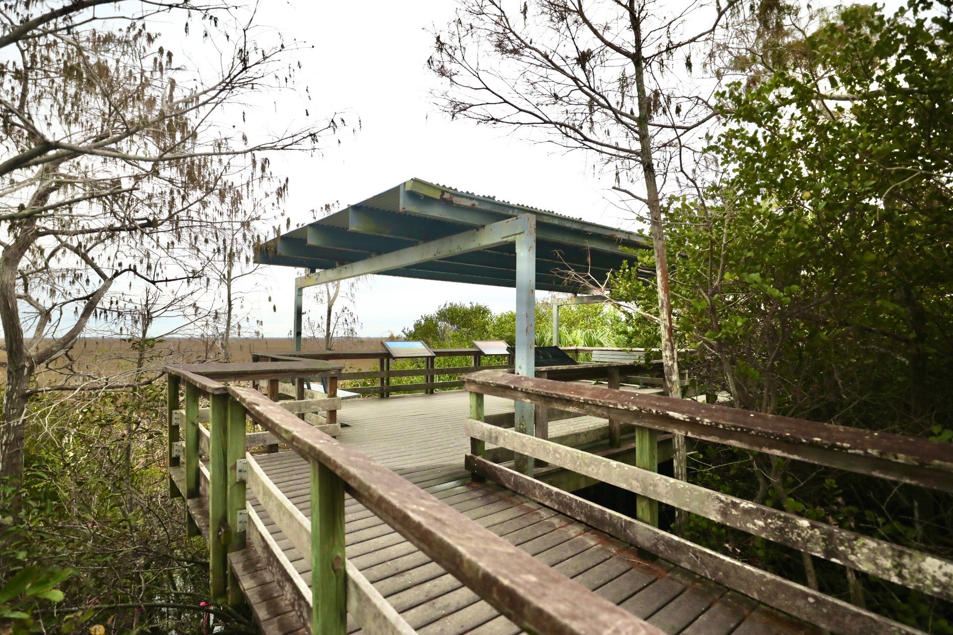 Pa-Hay-Okee boardwalk, NPS Photo by Brandon Cintron Gerena Image shows a covered overlook platform for observation and is surrounded by vegetation.