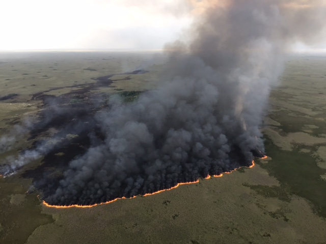 Aerial view of a wildfire with smoke and flames visible