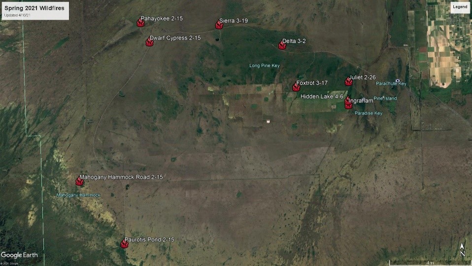 mapoffires map depicting where fires in Everglades National Park have been started.