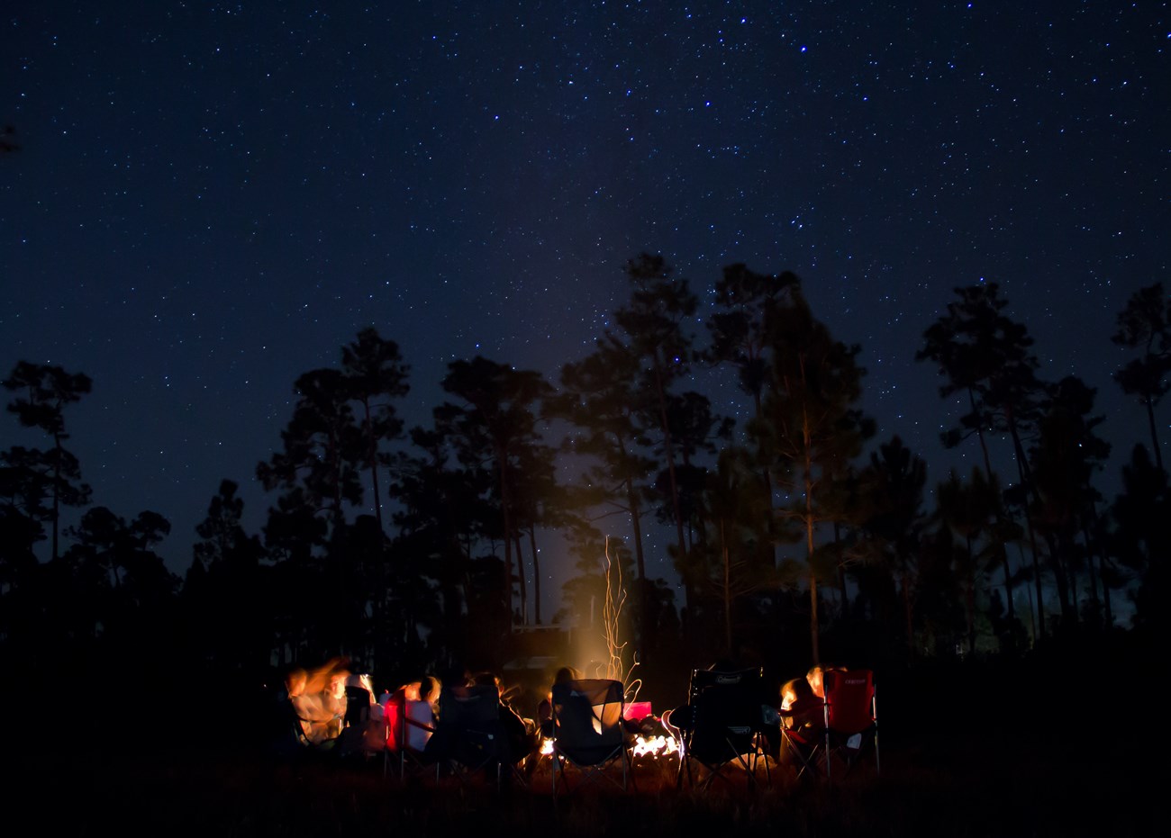 A group of people sit around a campfire with stars overhead