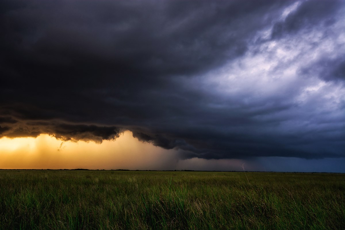 Large, dark storm clouds fill the sky over a flat, grassy wetland. An orange glow from the sun and falling rain can be seen in the distance.