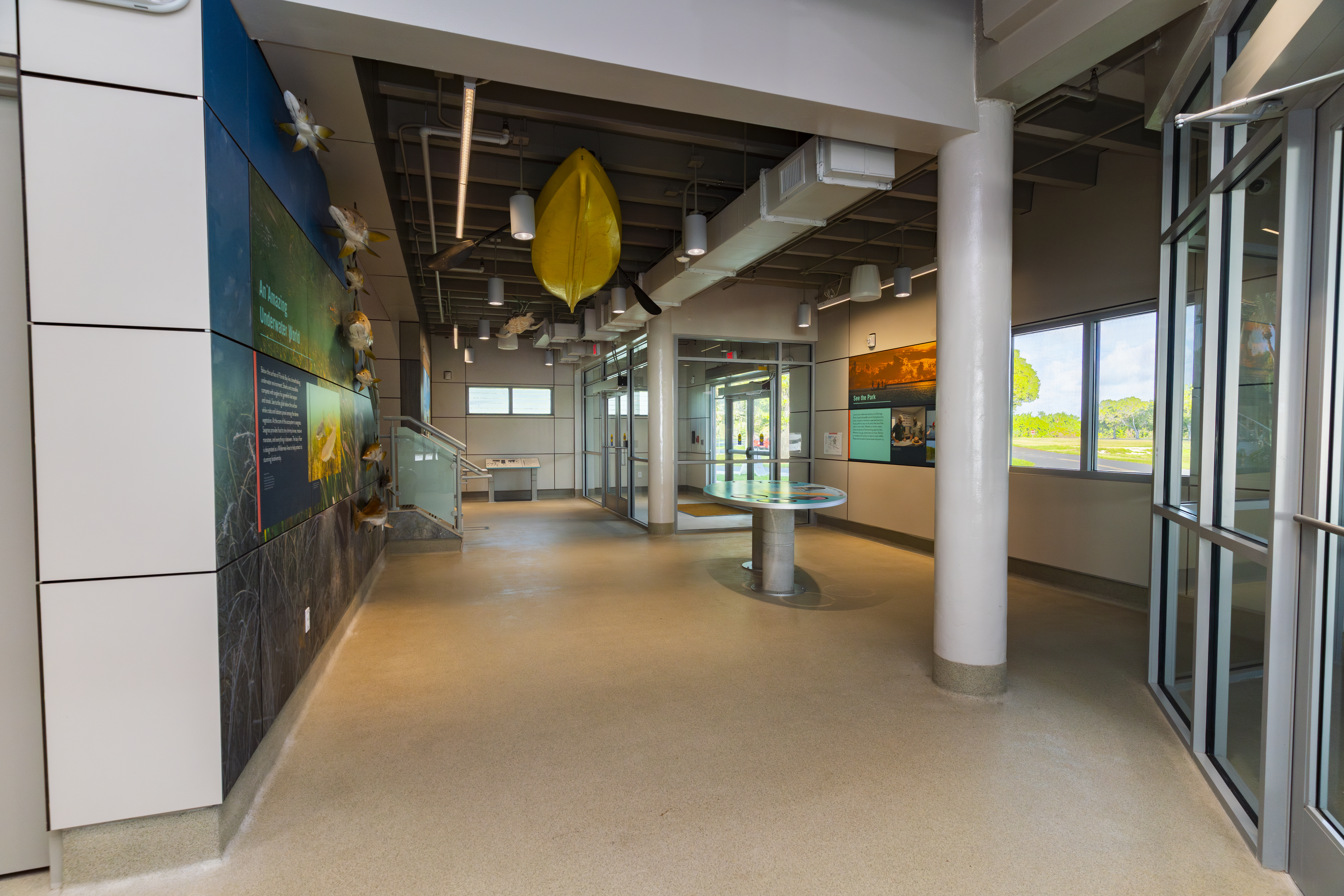 Colorful exhibits dotted throughout a museum space