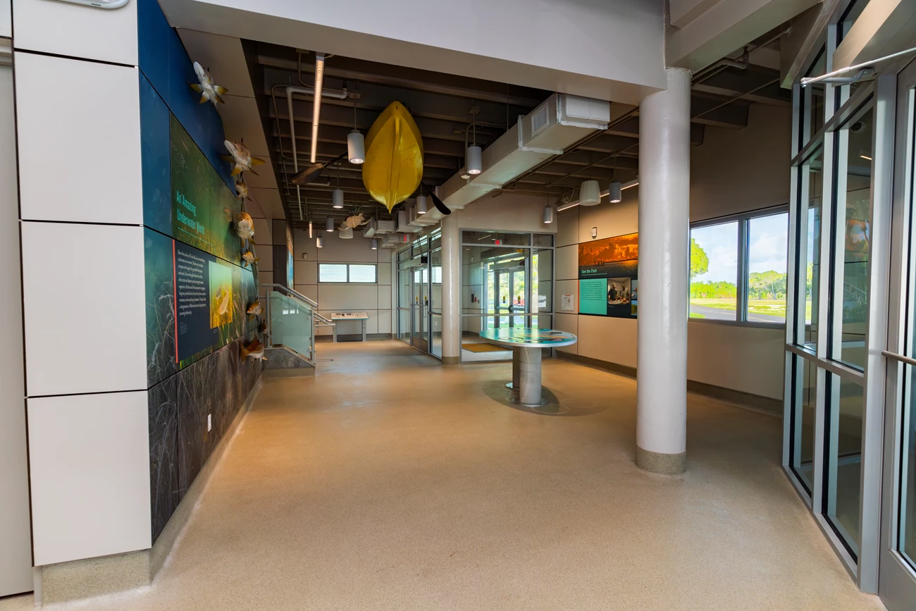 Buttonwood Reception Hall Colorful exhibits dotted throughout a museum space