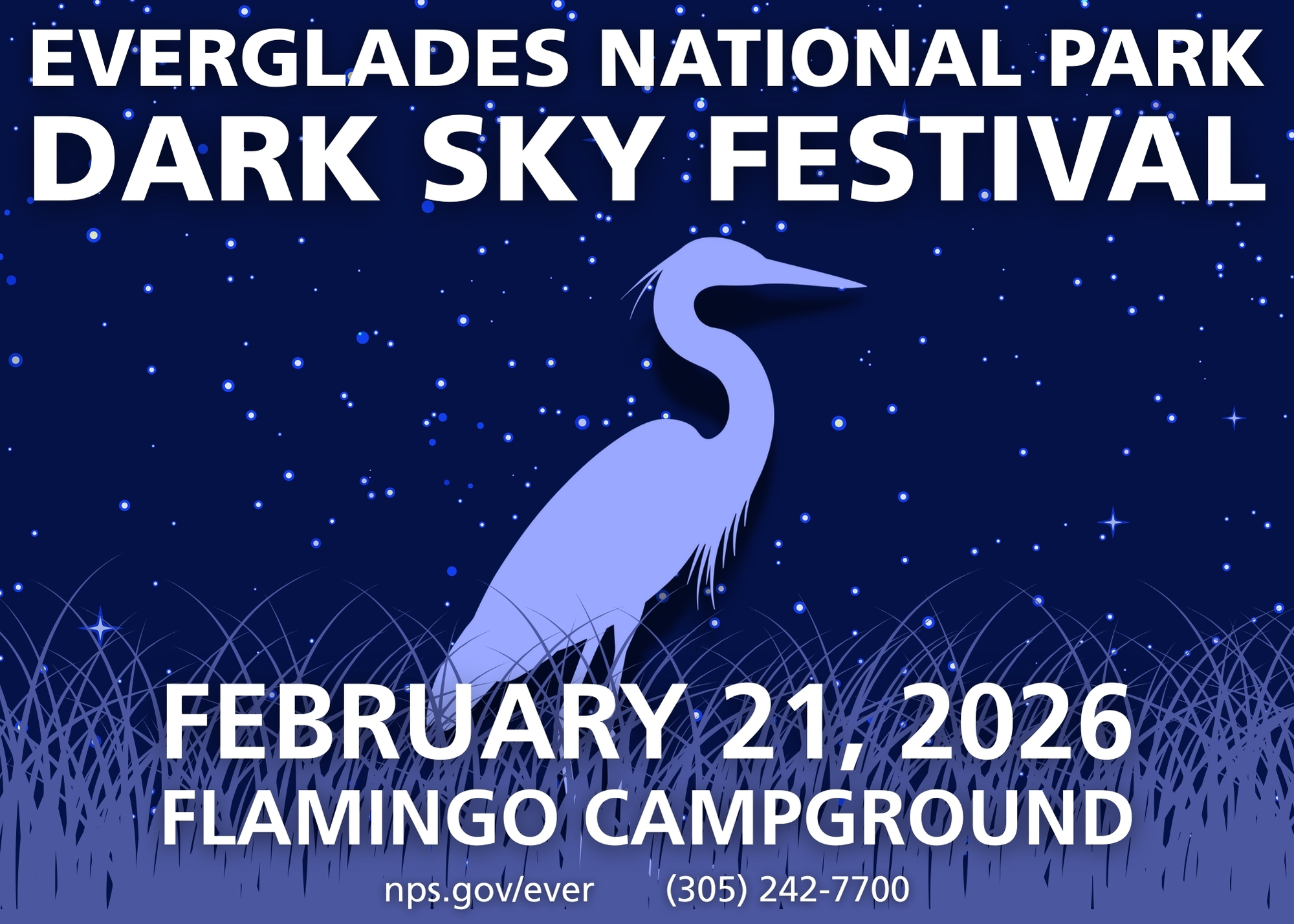 The purple silhouette of a Great Blue Heron standing in grass with a starry sky above. Text on the image: "Everglades National Park Dark Sky Festival, February 21, 2026, Flamingo Campground"