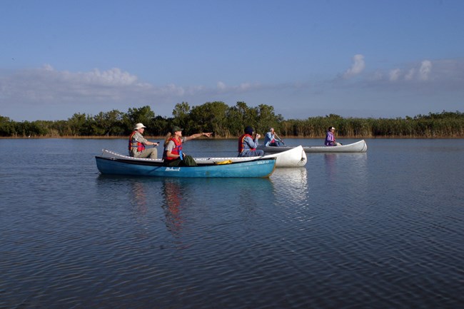 Gulf Coast Ranger Led Canoe Trip A park ranger, pointing, leading a canoe trip with visitors at Gulf Coast