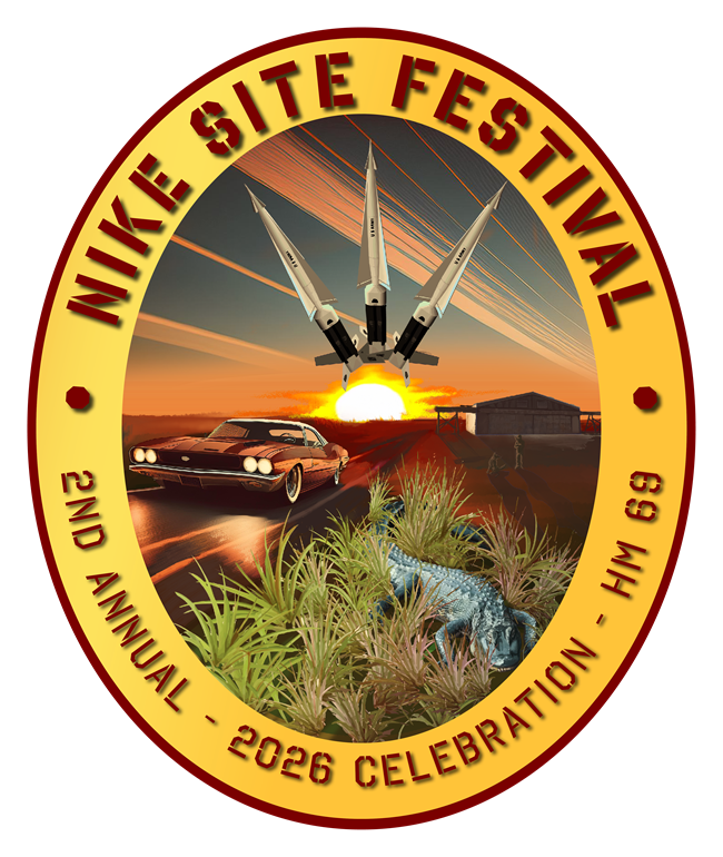 Circular Nike Site Festival emblem with missiles launching over sunset car alligator and 69 site a.