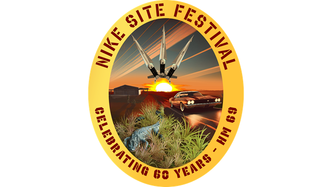 Logo display with the american and cuban flag, three Nike Missiles, with a missile barn soldier and car in the background. The text Nike Site Festival , celebrating 60 years - HM 69 surrounding the logo.