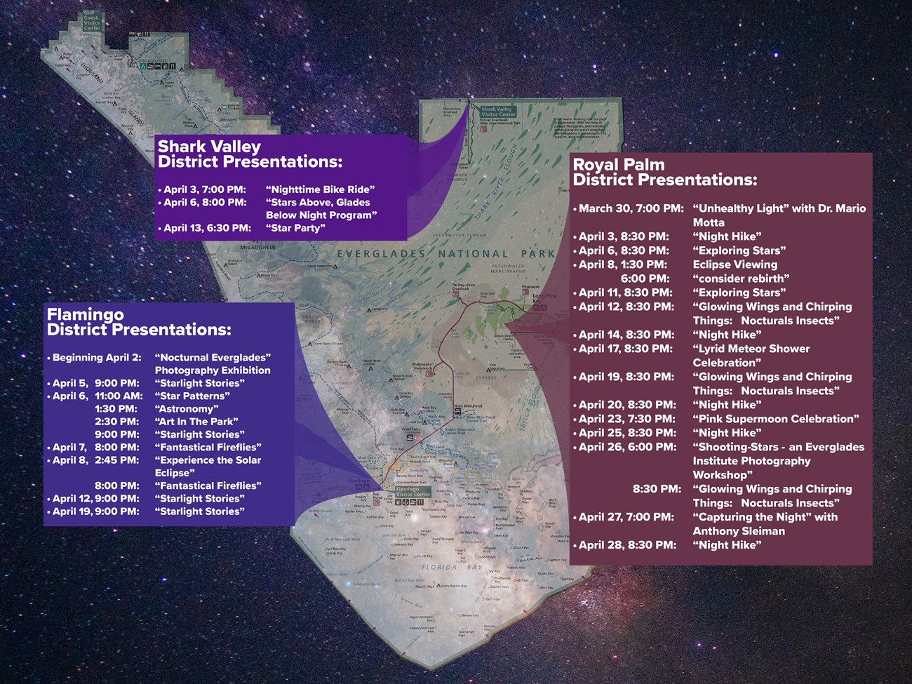 A map of Everglades National Park with lists of programs in each district. Detailed information is available below the image.
