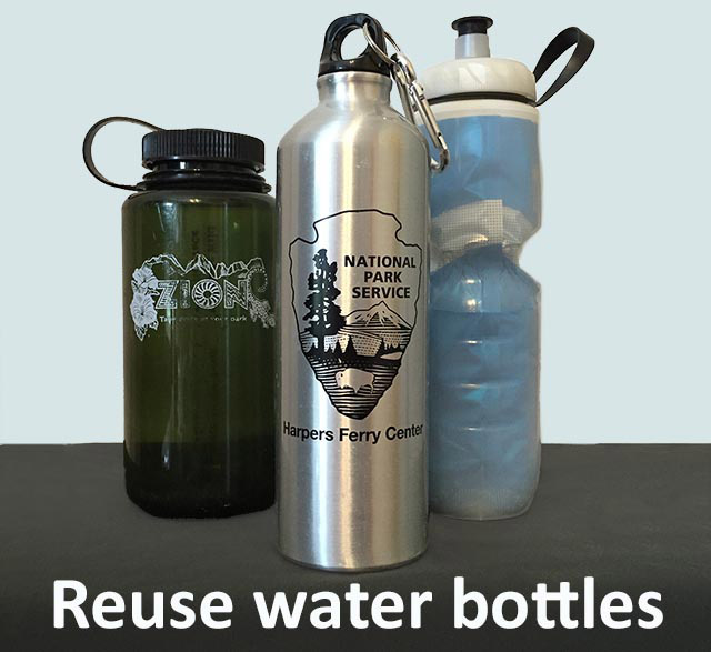Reuse water bottles. Three water bottles: a green wide-mouthed plastic bottle with ZION printed on it: a steel water bottle printed  with the National Park Service arrowhead, and a tall light blue plastic bottle.