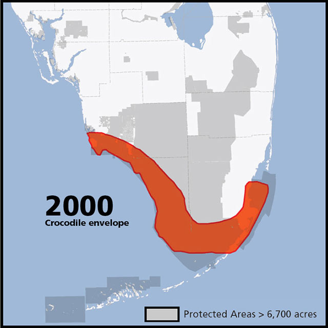 A map of the southern tip of Florida shows the crocodile range now is just along the southern shoreline. As the handle moves to the right, the image changes to a map that shows the crocodile range in 2060 could extend northward up to Lake Okeechobee.