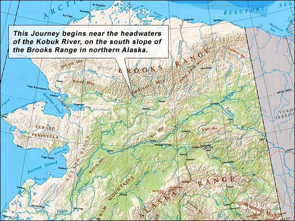 Map of northern Alaska. This journey begins near the headwaters 
			of the Kobuk River, on the south slope of the Brooks Range.