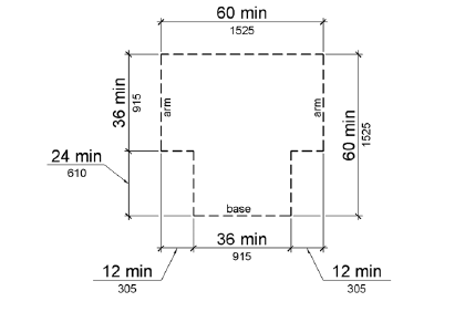 This is a line drawing. It shows the T shape space, which is 36 inches (915 mm) wide at the top and stem within a 60 inch by 60 inch (1525 mm by 1525 mm) square.