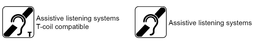 Two assistive listening symbols with and without the "T." On the left, the assistive listening symbol. A line drawing of an ear with a thick line at a diagonal intersecting the ear from the lower left corner to the upper right corner. The capital letter “T” is in the lower right corner. On the right, the same assistive listening symbol with no “T” in the lower right corner.
