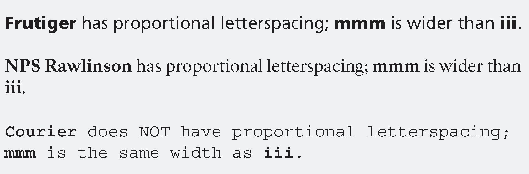 Examples of proportional spacing for Frutigier, NPS Rawlinson and Courier, using 3 "m"s and 3 "i"s. For Frutiger and NPS Rawlinson the letter space for the "m" is wider than the "i," making each letter appear even and in proportion to one another. For Courier, because the letter spacing is not proportional, the 3 "m"s when placed next too each other are significantly closer together than when the 3 "i"s are placed next to each other. 