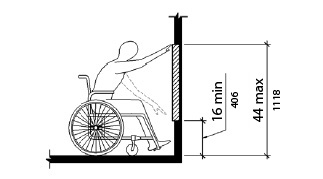 The drawing shows a side view of a person using a wheelchair reaching toward a wall. The lowest vertical reach point is 16 inches (406.4 mm) minimum and the highest is 44 inches (1117.6 mm) maximum. This is a modified US Access Board drawing.