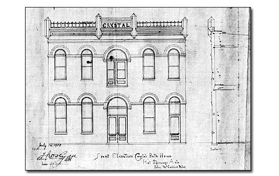 Black on white front elevation drawing of the Crystal Bathhouse. It shows a two-story structure with a central double doorway and two narrower windows on each side. The second story mirrors a wide central window and narrower windows on each side. Windows and door all have arched surrounds. The front roofline has a short railing typical of a 'widow's walk.' The name CRYSTAL is centered in the middle of the railing between two uprights and the uprights are repeated at each end of the building. There is also a front section side elevation showing the depth detail and profile of the facade.