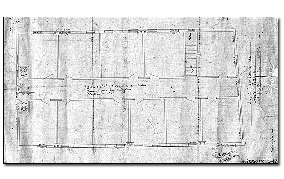 Black on white first floor architectural drawing showing a central hallway with five rooms on each side and a stairway on one side near the back of the building, before the last room. The building is not square; the rear of the building has an odd angle.