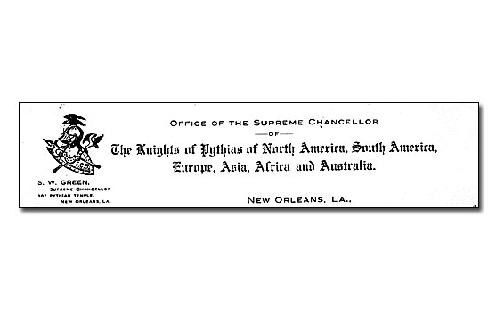 Letterhead of Knights of Pythias letterhead. White with black ink. On left side is a knights helmet with a shield and crossed lances behind it. Under this artwork it says 'S.W. Green, Supreme Chancellor , 107 Pythian Temple, New Orleans, LA.'Centered to the right are the words 'Office of the Supreme Chancellor of The Knights of Pythias of North America, South America, Europe, Asia, Africa, and Australia. New Orleans, LA.' 