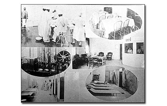 This is a collage of six black and white photos, taken from a Woodman of the Union brochure.  The upper left shows doctors and nurses performing surgery. The upper right is of the dining room with square tables with white tablecloths and four chairs. The middle left shows elevator machinery. The middle right is of the lobby with a table and chairs on the left and the hotel clerk in a booth on the right side. The lower left shows the men's bath hall, with two attendants standing outside the bath stall doors. The lower right shows a pack room, with enameled pack cots lined up on the left side.