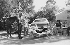 Man in uniform stands next to horse along with people in camp chairs with car and trailer behind them.