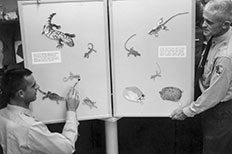 Two park rangers in uniform hold up a poster board-like presentation of reptiles on opposite sides as one gentleman uses a pen to point at a lizard.