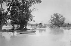 Single boat on rising waters with foliage surrounding it.