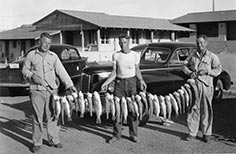 Three men hold up string of dozens of fish on a rope.