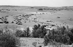 Many parked cars and crowds of people on a beach by a lake.