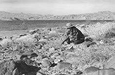 Man kneeling down to examine a rock with petroglyphs.