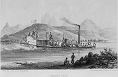 Illustration of a steam boat with large wheel on back and people on it.