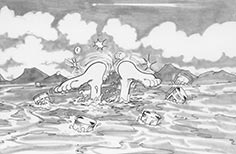 Cartoon illustration of feet poking out of water, surrounded by floating bottles.