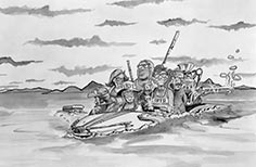 Cartoon illustration of people in a boat.